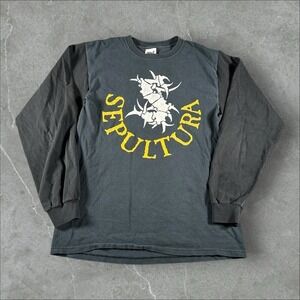 Vintage Sepultura Shirt Mens Large Black 90s LS Thrash Metal‎ Band Two Tone RARE
